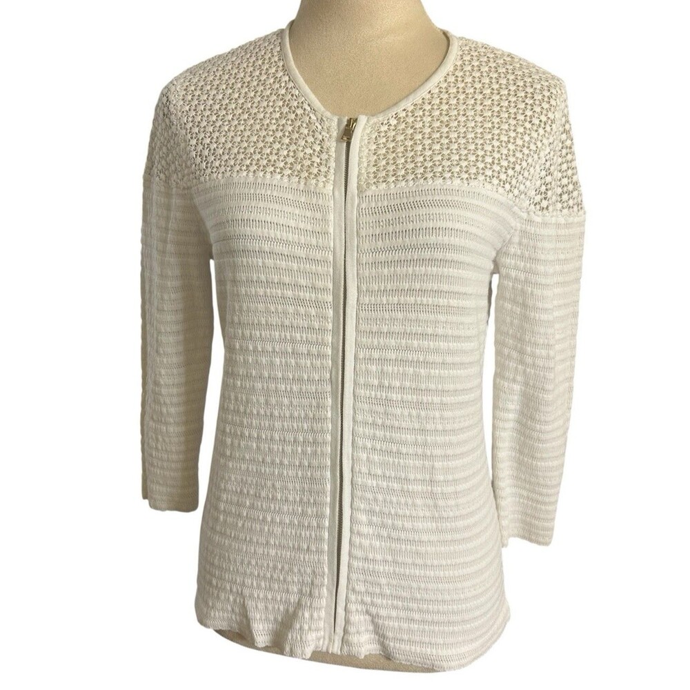 Ann Taylor White Full Zip Crochet Lace Texture Knit 3/4 Sleeves Cardigan Top MP